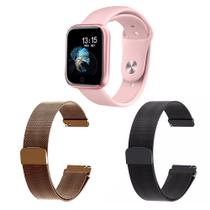 Kit 1 Relógio Smartwatch P70 Monitor de Saúde Rosa Android iOS + 2 Pulseiras Milanesa Preto e Rosê