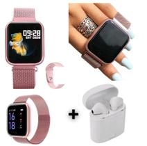 Kit 1 Relógio Smartwatch P70 Rose Android iOS + 1 Pulseira Extra + 1 Fone Sem Fio I11