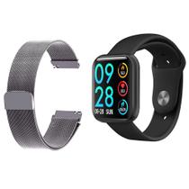 Kit 1 Relógio Smartwatch P80 Monitor de Saúde Preto Android iOS + 1 Pulseira Milanesa Prata