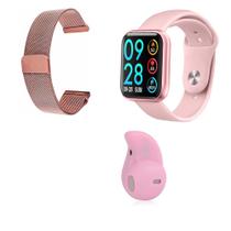 Kit 1 Relógio Smartwatch P80 Rosa Android iOS + 1 Pulseira Extra + 1 Mini Fone Bluetooth Rosa