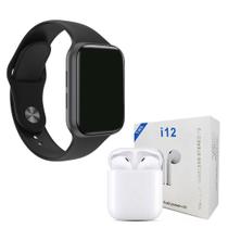 Kit 1 Relógio SmartWatch W34 S Preto Troca Pulseira + 1 Fone Bluetooth i12 TWS -