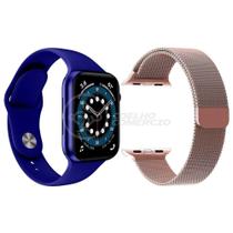 Kit 1 Relógio Smartwatch W46 S Azul + 1 Pulseira Aço Rosa