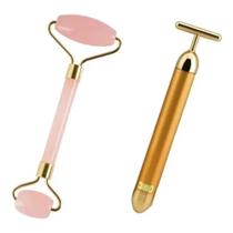 KIT - 1 Rolo Massageador Cristal Quartzo Rosa + 1 Massageador T Facial Gold Vibrata 24k