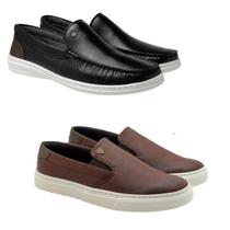 Kit 1 Sapato Mocassim Porto Preto + 1 Sapato Slip On Connect Marrom - Laroche