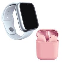 Kit 1 Smartwatch Branco + 1 Fone Bluetooth Inpods 12 Rosa