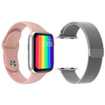 Kit 1 Smartwatch Rosa + 1 Pulseira Extra Prata