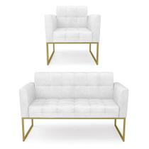Kit 1 Sofá Namoradeira E 1 Poltrona Elisa Corano Base Metálica Industrial Dourado - D'rossi Cor Branco