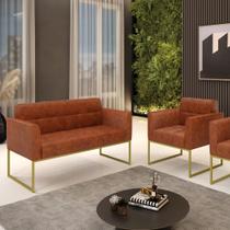 Kit 1 Sofá Namoradeira e 1 Poltrona Elisa Corano Base Metálica Industrial Dourado D03 - D'Rossi