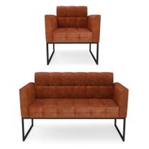 Kit 1 Sofá Namoradeira E 1 Poltrona Elisa Corano Base Metálica Industrial Preto - D'rossi Cor Nozes Kit 1 Sofá Namoradeira E 1 Poltrona Elisa Corano Base Metálica Industrial Preto - D'rossi Cor Nozes