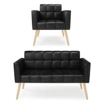 Kit 1 Sofá Namoradeira E 1 Poltrona Elisa Corano Preto Pés Palito Natural - D'rossi