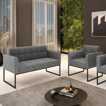 Kit 1 Sofá Namoradeira e 1 Poltrona Elisa Linho Grafite A26 Base Metálica Industrial Preto D03 - D'Rossi Kit 1 Sofá Namoradeira e 1 Poltrona Elisa Linho Grafite A26 Base Metálica Industrial Preto D03 - D'Rossi