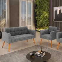 Kit 1 Sofá Namoradeira e 1 Poltrona Elisa Linho Grafite A26 Pés Palito Castanho D03 - D'Rossi Kit 1 Sofá Namoradeira e 1 Poltrona Elisa Linho Grafite A26 Pés Palito Castanho D03 - D'Rossi