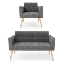 Kit 1 Sofá Namoradeira E 1 Poltrona Elisa Linho Grafite A26 Pés Palito Natural - D'rossi Kit 1 Sofá Namoradeira E 1 Poltrona Elisa Linho Grafite A26 Pés Palito Natural - D'rossi