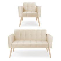 Kit 1 Sofá Namoradeira E 1 Poltrona Elisa material sintético Pés Palito Natural - D'rossi Cor Bege Kit 1 Sofá Namoradeira E 1 Poltrona Elisa material sintético Pés Palito Natural - D'rossi Cor Bege