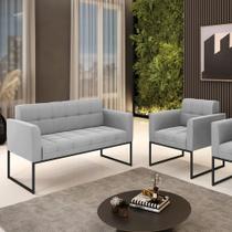 Kit 1 Sofá Namoradeira e 1 Poltrona Elisa Suede Cinza Base Metálica Industrial Preto D03 - D'Rossi