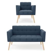 Kit 1 Sofá Namoradeira E 1 Poltrona Elisa Suede Pés Palito Natural - D'rossi Cor Azul Marinho