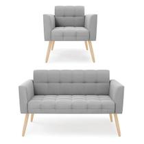 Kit 1 Sofá Namoradeira E 1 Poltrona Elisa Suede Pés Palito Natural - D'rossi Cor Cinza