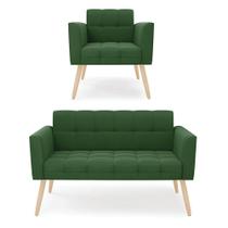 Kit 1 Sofá Namoradeira E 1 Poltrona Elisa Suede Pés Palito Natural - D'rossi Cor Verde Kit 1 Sofá Namoradeira E 1 Poltrona Elisa Suede Pés Palito Natural - D'rossi Cor Verde