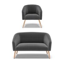 Kit 1 Sofá Namoradeira E 1 Poltrona Stella Bouclê Grafite Pés Palito Natural - D'rossi Kit 1 Sofá Namoradeira E 1 Poltrona Stella Bouclê Grafite Pés Palito Natural - D'rossi