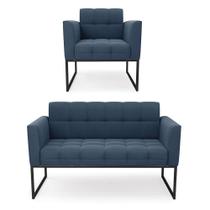 Kit 1 Sofá Namoradeira E 1 Poltrona Suede Azul Marinho Base Metálica Industrial Preto - D'rossi Kit 1 Sofá Namoradeira E 1 Poltrona Suede Azul Marinho Base Metálica Industrial Preto - D'rossi