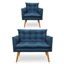 Kit 1 Sofá Namoradeira E 1 Poltrona Tais Suede Pés Palito Castanho - D'rossi Cor Azul Marinho