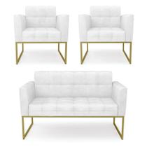 Kit 1 Sofá Namoradeira E 2 Poltronas Elisa Corano Base Metálica Industrial Dourado - D'rossi Cor Branco Kit 1 Sofá Namoradeira E 2 Poltronas Elisa Corano Base Metálica Industrial Dourado - D'rossi Cor Branco