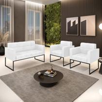 Kit 1 Sofá Namoradeira e 2 Poltronas Elisa Corano Branco Base Metálica Industrial Preto D03 - D'Rossi