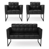 Kit 1 Sofá Namoradeira E 2 Poltronas Elisa Corano Preto Base Metálica Industrial Preto - D'rossi
