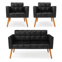Kit 1 Sofá Namoradeira E 2 Poltronas Elisa Corano Preto Pés Palito Castanho - D'rossi