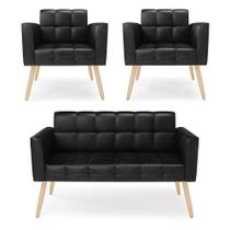 Kit 1 Sofá Namoradeira E 2 Poltronas Elisa Corano Preto Pés Palito Natural - D'rossi Kit 1 Sofá Namoradeira E 2 Poltronas Elisa Corano Preto Pés Palito Natural - D'rossi