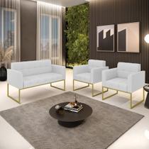 Kit 1 Sofá Namoradeira e 2 Poltronas Elisa Linho Cinza A05 Base Metálica Industrial Dourado D03 - D'Rossi