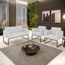 Kit 1 Sofá Namoradeira e 2 Poltronas Elisa Linho Cinza A05 Base Metálica Industrial Preto D03 - D'Rossi