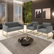 Kit 1 Sofá Namoradeira e 2 Poltronas Elisa Linho Grafite A26 Base Metálica Industrial Dourado D03 - D'Rossi