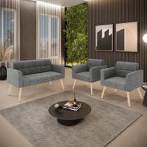 Kit 1 Sofá Namoradeira e 2 Poltronas Elisa Linho Grafite A26 Pés Palito Natural D03 - D'Rossi