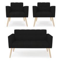Kit 1 Sofá Namoradeira E 2 Poltronas Elisa Linho Pés Palito Natural - D'rossi Cor A79 Preto