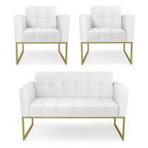Kit 1 Sofá Namoradeira E 2 Poltronas Elisa material sintético Branco Base Metálica Industrial Dourado - D'rossi Kit 1 Sofá Namoradeira E 2 Poltronas Elisa material sintético Branco Base Metálica Industrial Dourado - D'rossi