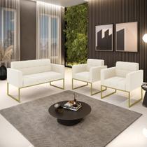 Kit 1 Sofá Namoradeira e 2 Poltronas Elisa Veludo Bege Base Metálica Industrial Dourado D03 - D'Rossi