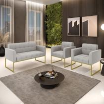 Kit 1 Sofá Namoradeira e 2 Poltronas Elisa Veludo Cinza Base Metálica Industrial Dourado D03 - D'Rossi Kit 1 Sofá Namoradeira e 2 Poltronas Elisa Veludo Cinza Base Metálica Industrial Dourado D03 - D'Rossi