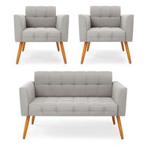Kit 1 Sofá Namoradeira E 2 Poltronas Elisa Veludo Pés Palito Castanho - D'rossi Cor Cinza