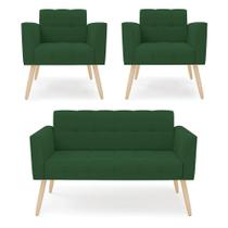 Kit 1 Sofá Namoradeira E 2 Poltronas Elisa Veludo Verde Pés Palito Natural - D'rossi