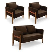 Kit 1 Sofá Namoradeira E 2 Poltronas Lana Suede Base De Madeira - D'rossi Cor Marrom