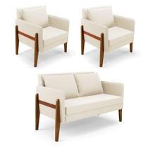 Kit 1 Sofá Namoradeira E 2 Poltronas Lana Veludo Base De Madeira - D'rossi Cor Bege