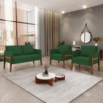 Kit 1 Sofá Namoradeira e 2 Poltronas Lana Veludo Verde Base de Madeira