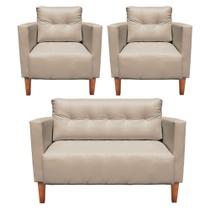 Kit 1 Sofá Namoradeira E 2 Poltronas Livia material sintético Bege Pés Chanfrado Castanho D'rossi