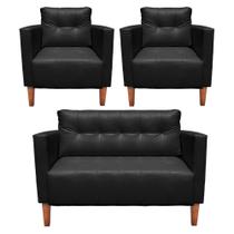 Kit 1 Sofá Namoradeira E 2 Poltronas Livia material sintético Pés Chanfrado Castanho - D'rossi Cor Preto