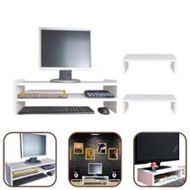 Kit 1 Suporte De Monitor Duplo 20x60x20cm + 2 Bases Monitor 10x35x20cm MDF Branco Kit 1 Suporte De Monitor Duplo 20x60x20cm + 2 Bases Monitor 10x35x20cm MDF Branco