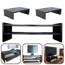 Kit 1 Suporte De Monitor Duplo 20x60x20cm + 2 Bases Monitor 10x35x20cm MDF Preto Kit 1 Suporte De Monitor Duplo 20x60x20cm + 2 Bases Monitor 10x35x20cm MDF Preto