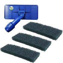 Kit 1 Suporte LT Limpa Tudo Com Junção Articulada + 3 Unidades Fibra Pesada Verde Abrasivo Para Pisos Paredes