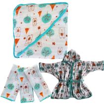 Kit 1 Toalha Banho Com Capuz Soft Fralda +1 Roupão Soft Bebe + 3 Pano Boca babete 100% algodão