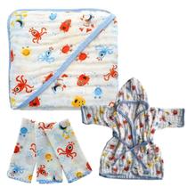 Kit 1 Toalha Banho Com Capuz Soft Fralda +1 Roupão Soft Bebe + 3 Pano Boca babete 100% algodão Kit 1 Toalha Banho Com Capuz Soft Fralda +1 Roupão Soft Bebe + 3 Pano Boca babete 100% algodão